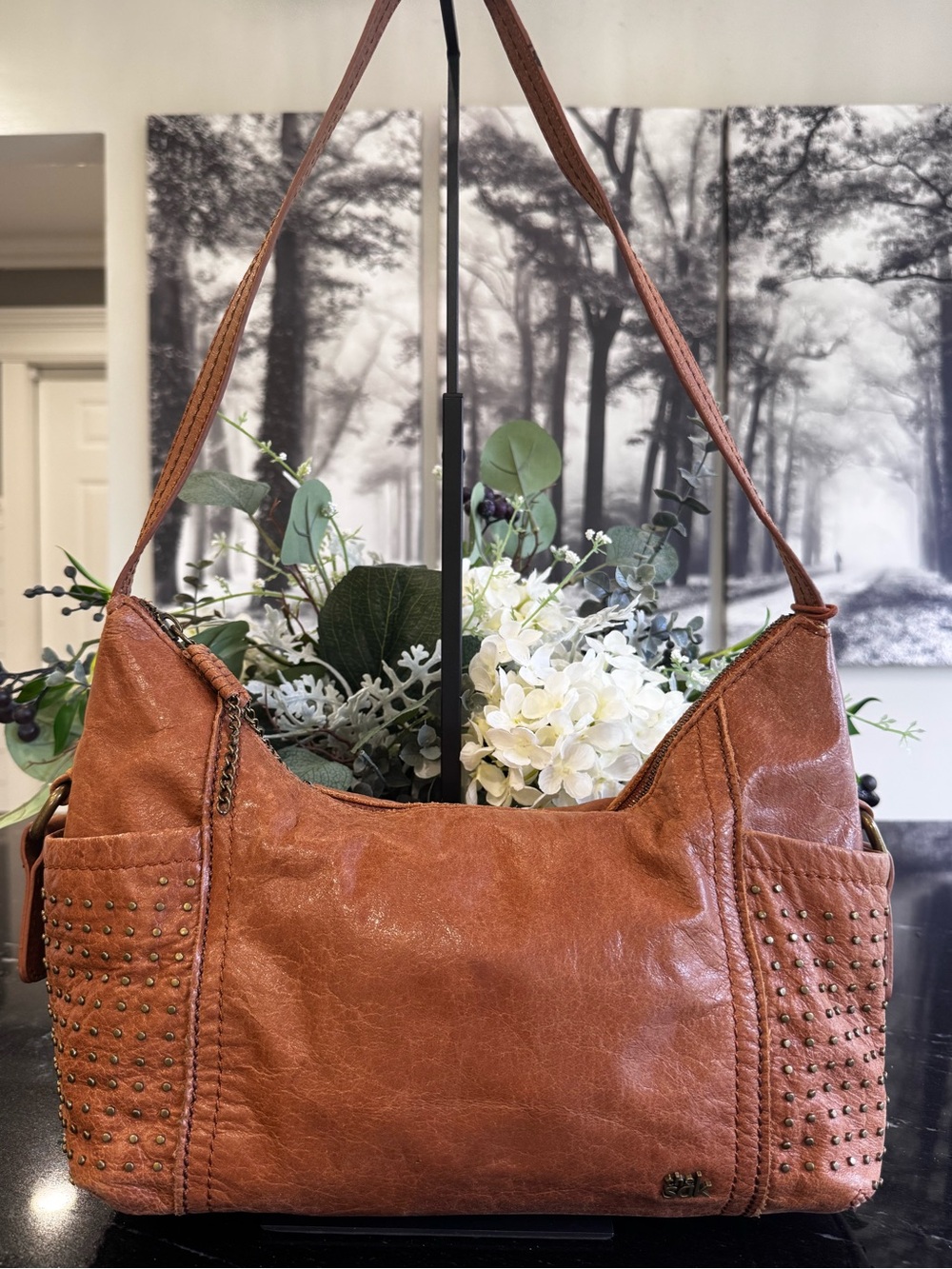 🤎The Sak Indio Studded Leather Hobo Shoulder Bag Cognac Brown Boho